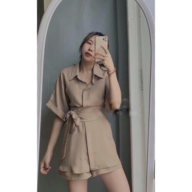 Set peplum sơ mi chiếc eo thắt nơ mix short 💕 có ảnh thật