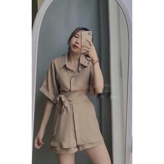 Set peplum sơ mi chiếc eo thắt nơ mix short 💕 có ảnh thật