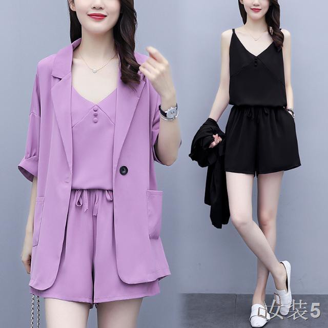 Bộ đồ mùa hè mới phù hợp nữ 2021 áo khoác vest size lớn Quần sooc dành cho người béo, ba mảnh tôn dáng và giảm