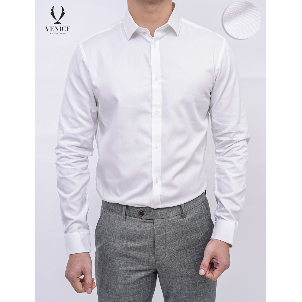 Sơ Mi Nam Dài Tay Công Sở VENICE - Màu Trắng Chéo To, Cổ Ngược (Cúc Trắng Thg), Form Slim Fit, Vải Cotton Pha Sợi .