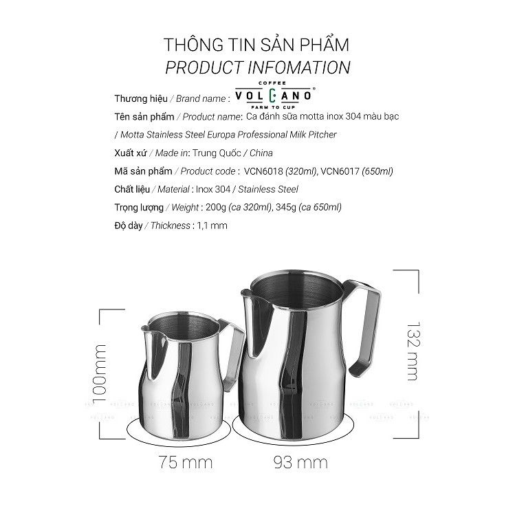 Ca đánh sữa Motta màu bạc Inox 304 mũi tròn