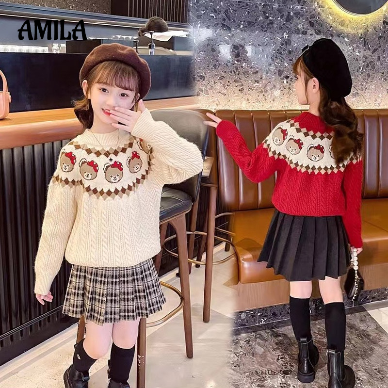 Áo sweater AMILA dệt kim họa tiết dễ thương thời trang dành cho bé gái