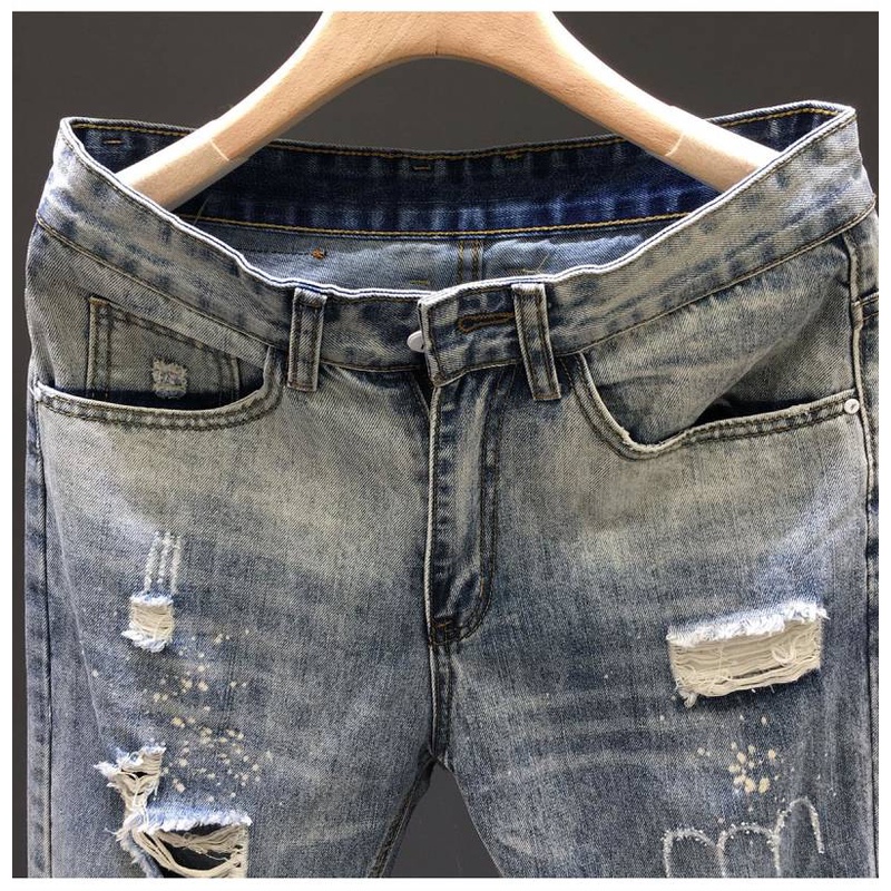 2022 New Men's Ripped Jeans Cropped Pants Men's Slim Fit Trendy Youth Handsome Tappered Pants Men's Clothing Fashion Menswear UzRq