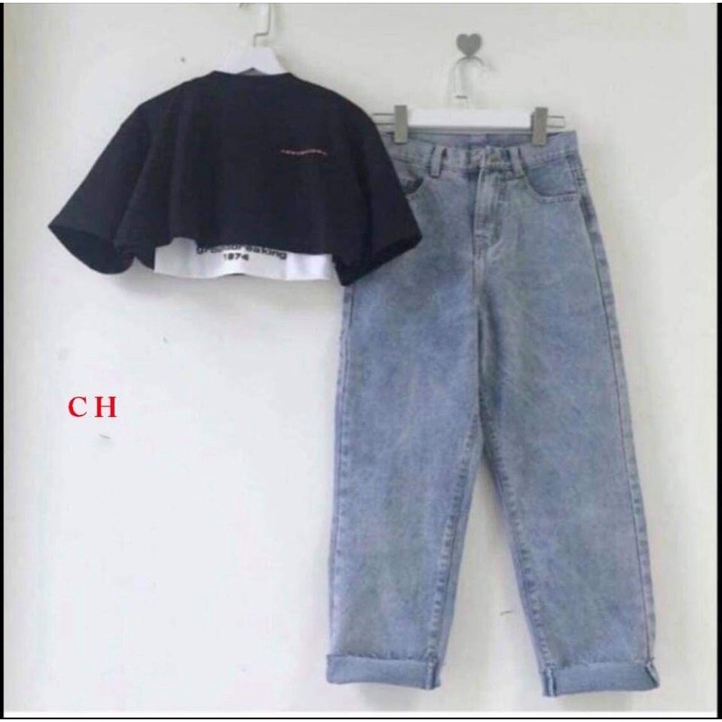 Sét 3 món áo croptop tay lỡ rộng,áo 2 dây và quần jean dáng baggy năng động