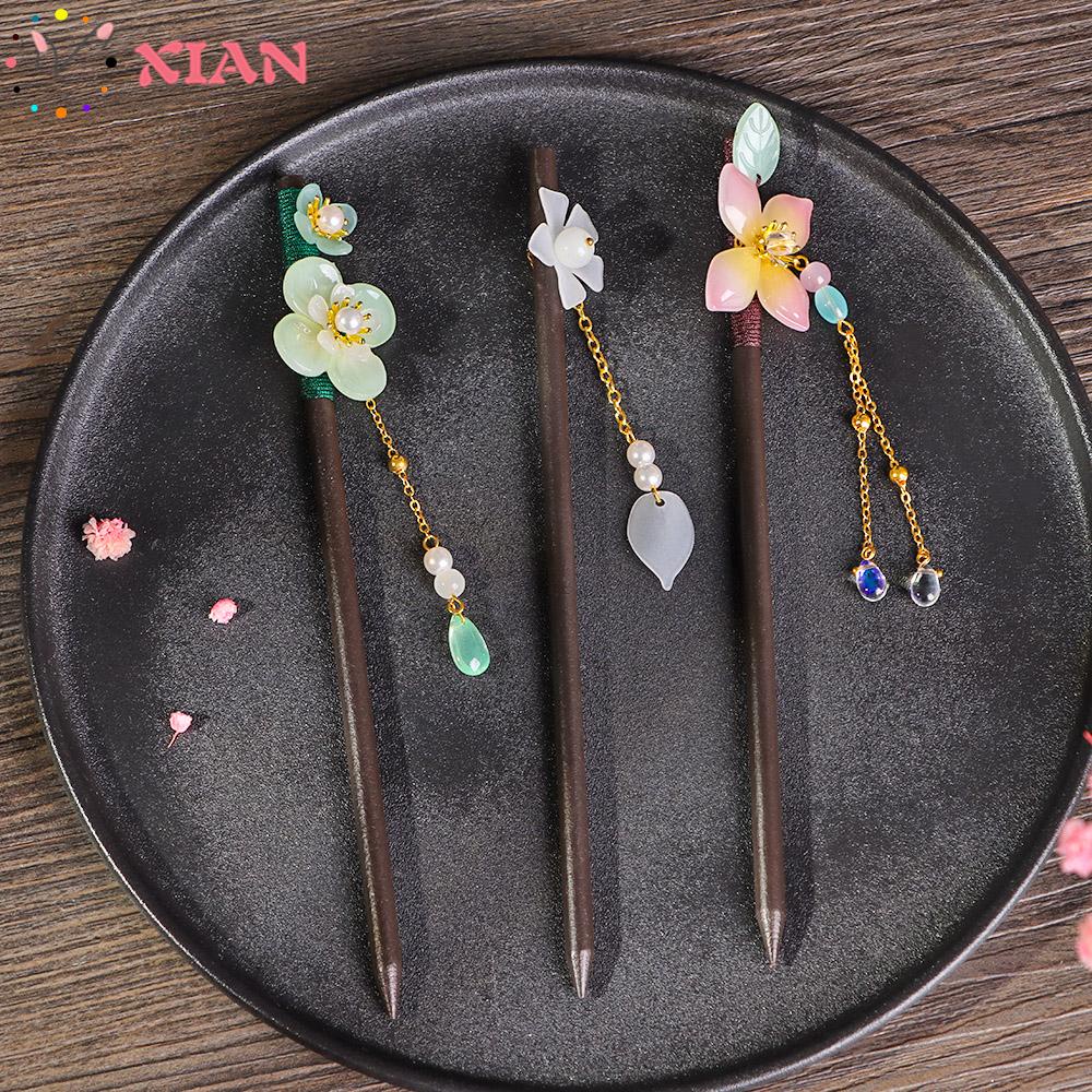 Trâm cài tóc bằng gỗ mun phối hoa tua rua phong cách cổ điển thời trang cho nữ