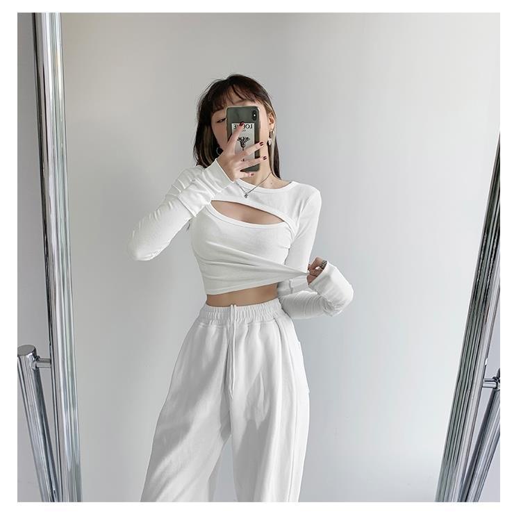 Áo thun COZOK tay dài dáng ôm thiết kế khoét lỗ thời trang quyến rũ cho nữ