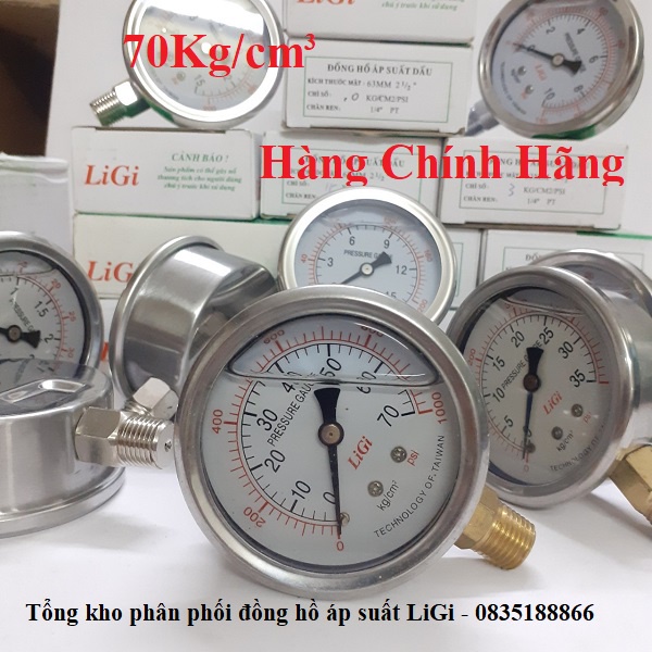 Đồng hồ đo áp suất nước hơi khí nén loại 70 kg mặt 63 có Dầu chân ren 13mm