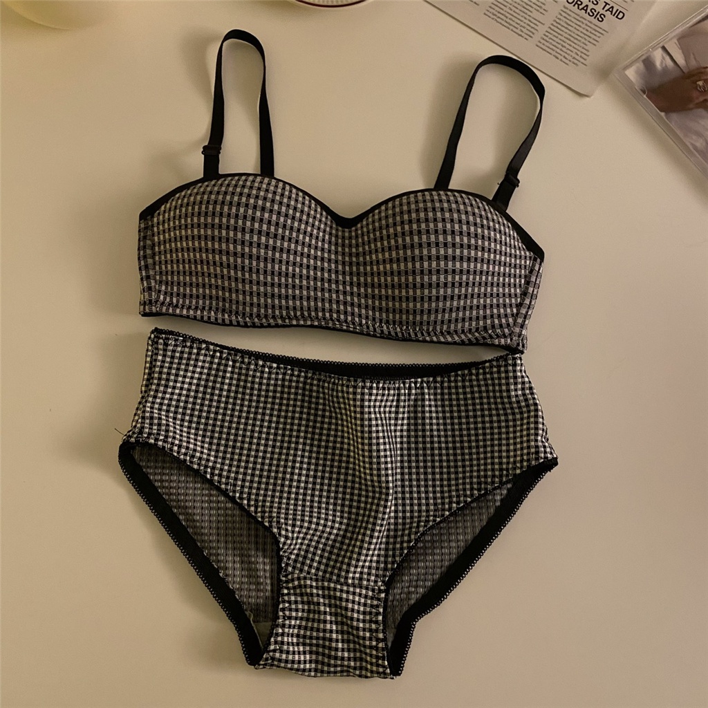 1 Bộ Đồ Lót Nữ Họa Tiết Kẻ Sọc Caro + Áo Ngực Mềm Không Dây Có Thể Tháo Rời | BigBuy360 - bigbuy360.vn