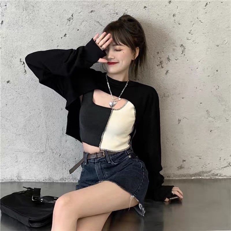 Set Áo Thun 2 Món Croptop Dài Tay Cutout + Áo 3 Lỗ Phối Màu Đen Trắng Mặc Đươc 2 Kiểu Chất Zip Cotton Dầy Mịn Co Giãn