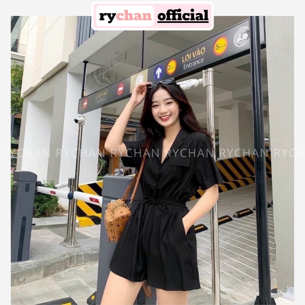 Jumpsuit Short Màu Đen Cổ Vest Sơ Mi Cá Tính, Jum Quần Đùi Rút Eo - JU003