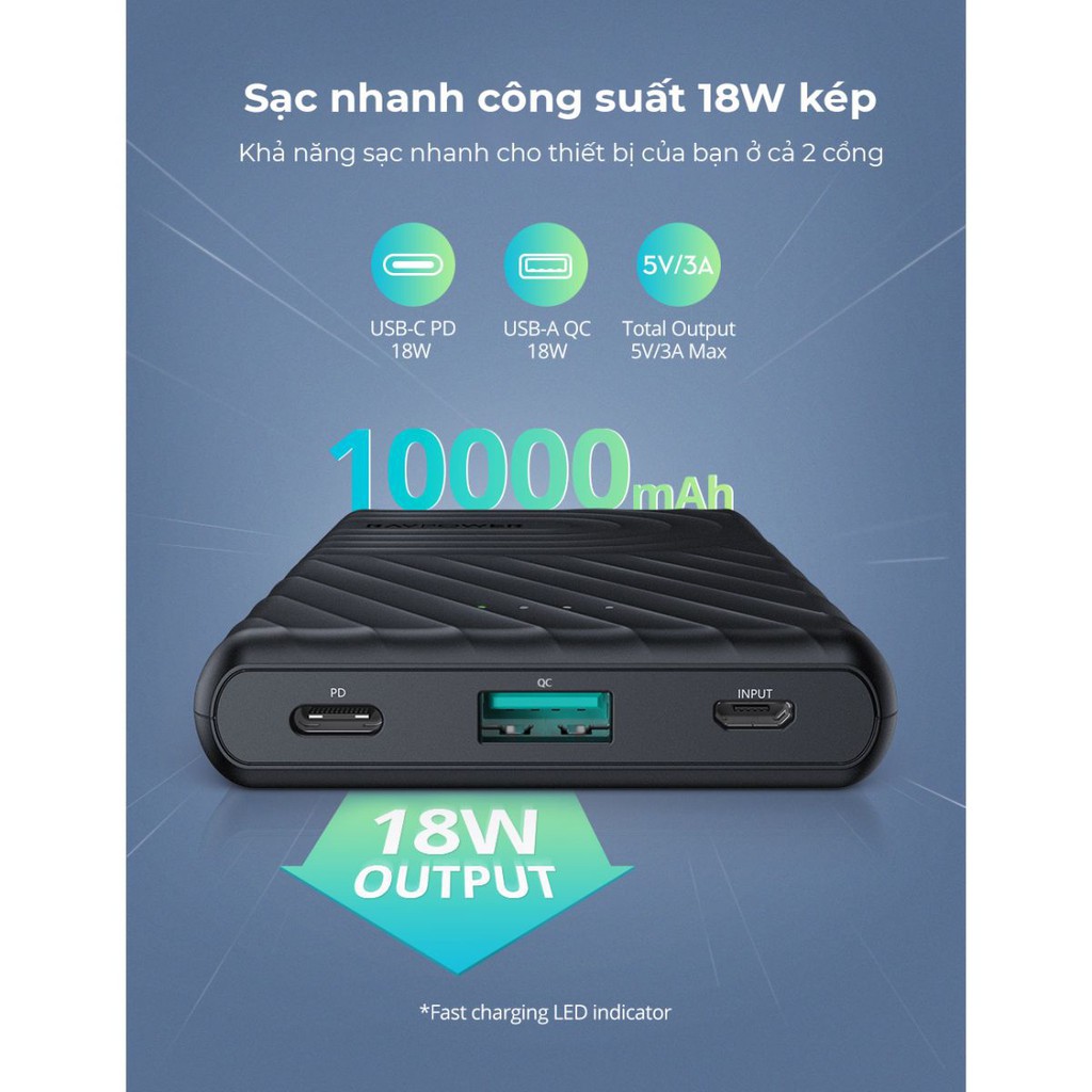 Pin sạc dự phòng RAVPower RP-PB195 10000mAh Type-C PD 18W