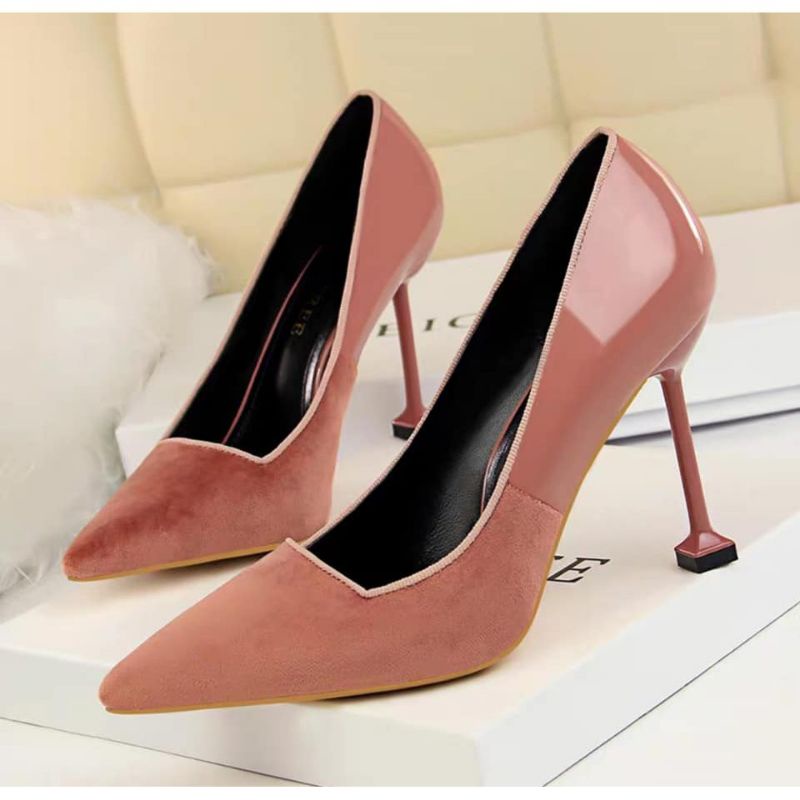 Giày cao gót BIGTREE chính hãng nhung phối da bóng 9cm màu hồng ruốc size,36, đỏ tươi size 37