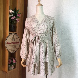 Jumpsuit chấm bi thắt eo - Hình thật