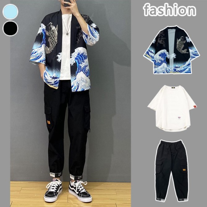 Áo Khoác Kimono Dáng Rộng Họa Tiết Cá Chép Phong Cách Nhật Bản Thời Trang Cho Nam