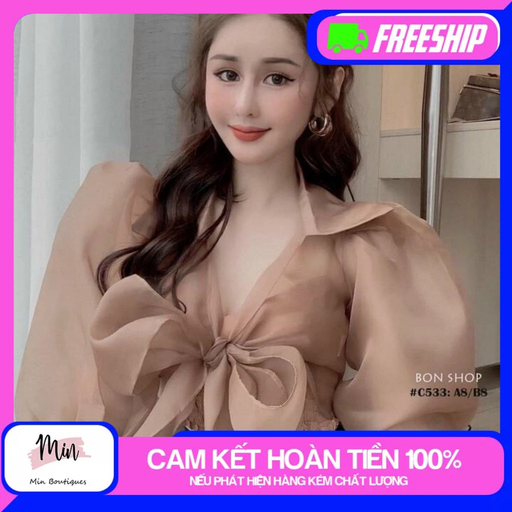 Áo sơ mi tay phòng cột nơ bản to - chất voan kiến - kèm ảnh thật