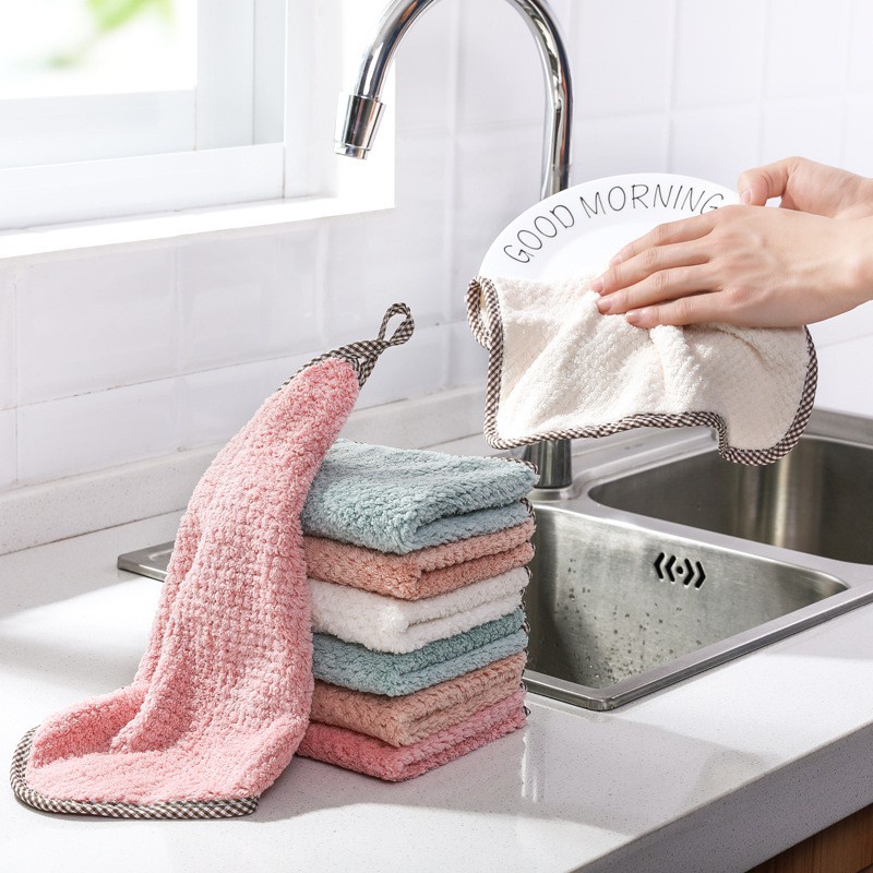 Khăn lau đa năng có móc treo, khăn lau nhà bếp có viền vải LB001