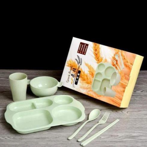 Bộ ăn dặm gồm khay ăn, cốc, bát, thìa dĩa cho bé siêu xinh bằng nhựa lúa mạch