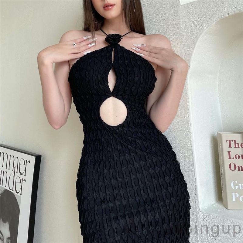 DRE-Women´s Modified Cheongsam Long Dress,Solid Color Floral Decoration Halter Neck Off Shoulder Cutout Dress