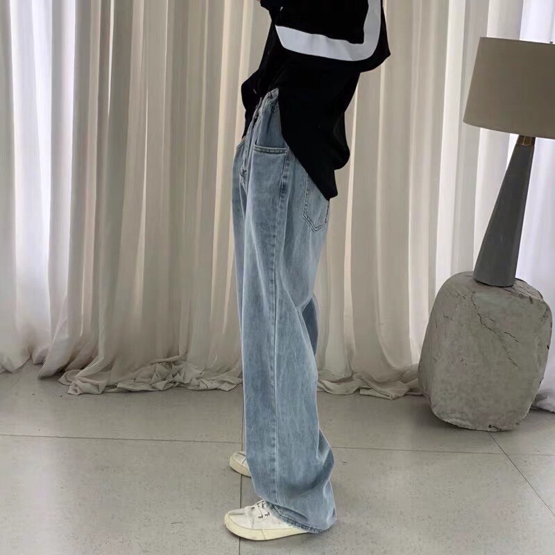 Quần jeans nam nữ ống suông xanh trơn phong cách Hàn Quốc