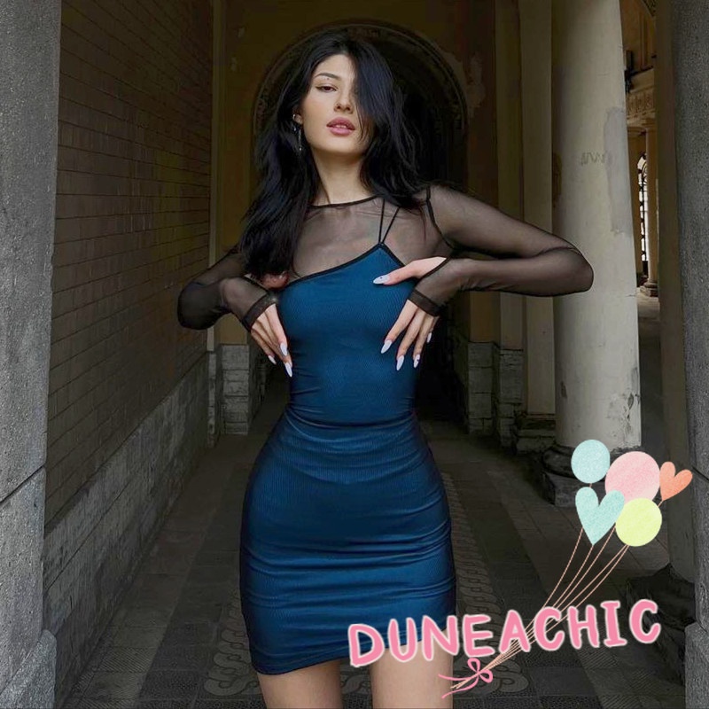 DUNEA Đầm dài tay phối lưới phong cách quyến rũ cho nữ