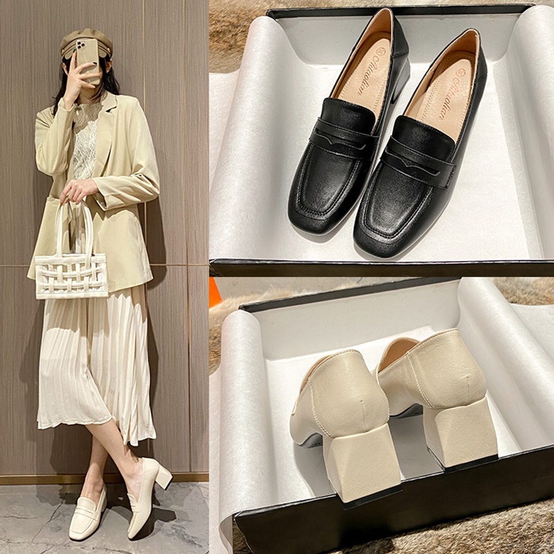 Giày Lười Da Mềm Gót Dày Mũi Vuông Phong Cách Hàn Quốc Đơn Giản Dành Cho Nữ Size 34-40