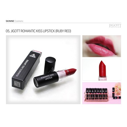 Son không chì lì mịn Hàn Quốc JIGOTT Romance Kiss Lipstick Số #5 màu đỏ mận Ruby Red 20g