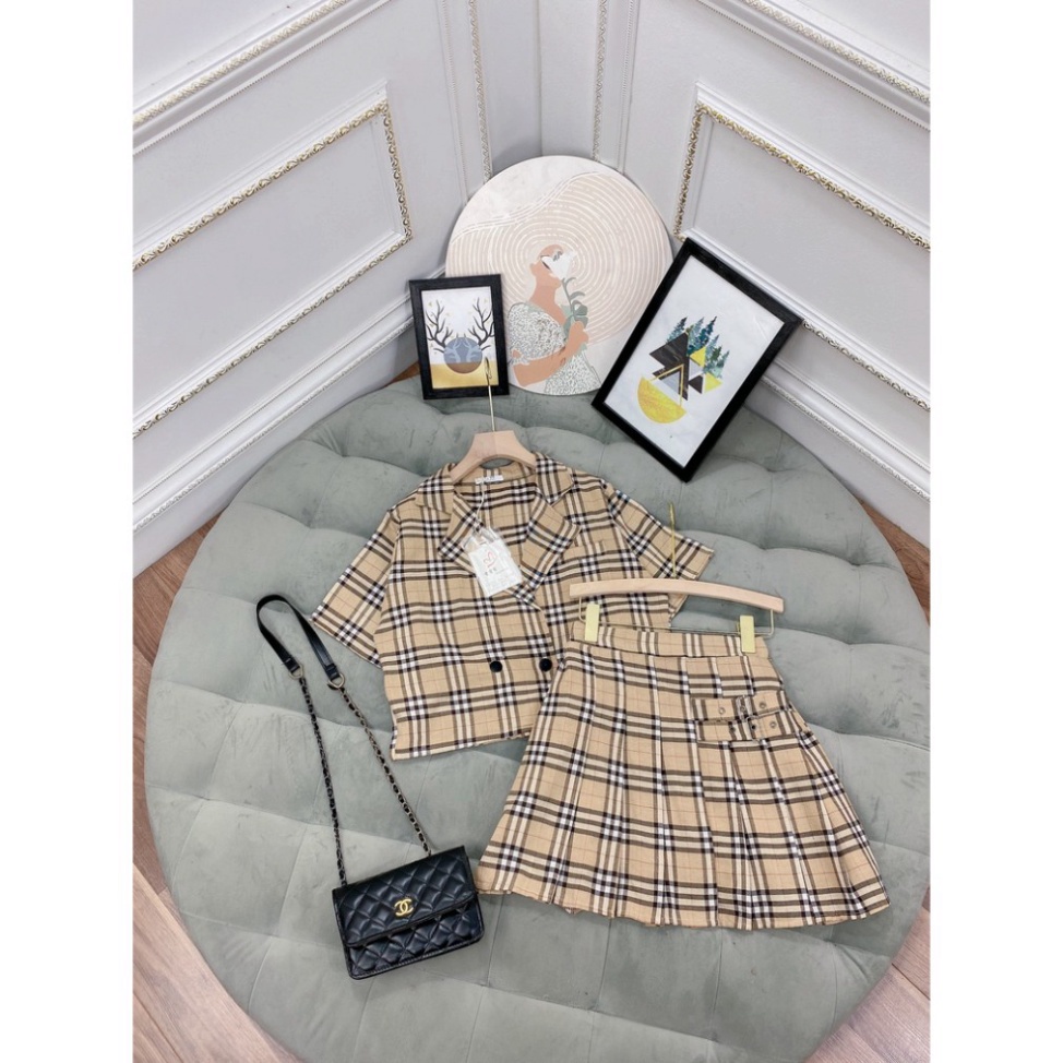 SET ÁO VEST CROTOP MIX CHÂN VÁY XOÈ ĐAI LỆCH CARO CỰC XINH