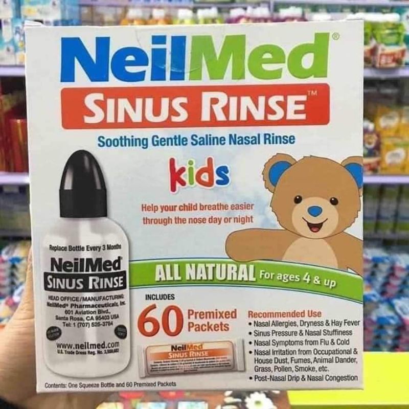 [Mã MKBC245 giảm 8% đơn 400K] Bình rửa mũi Neilmed Kid 120ml kèm 60 gói muối