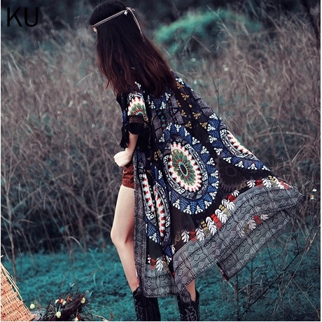 Áo khoác cardigan chiffon dáng dài in họa tiết dân tộc phối tua rua thời trang mùa hè cho nữ
