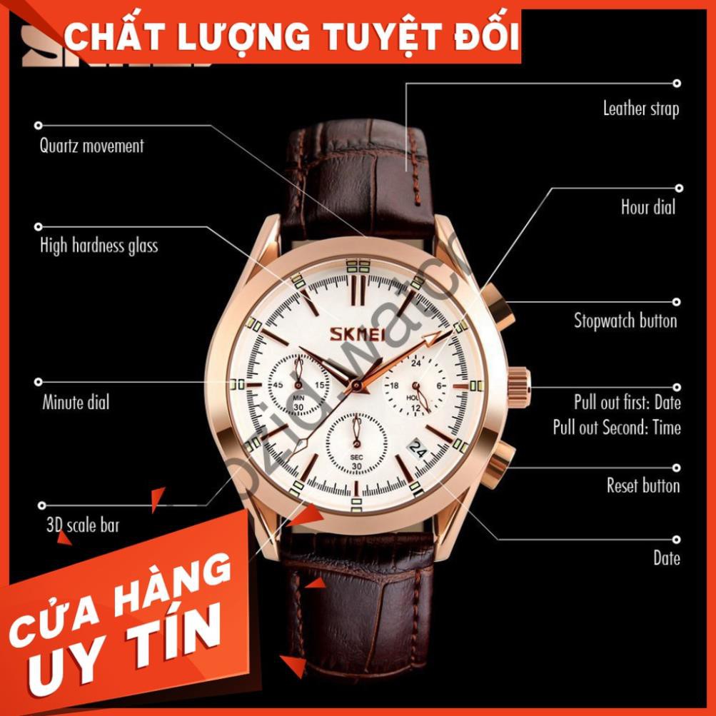 Đồng hồ nam chính hãng SKMEI 9127 dây da chống nước, viền kim loại - Lux.Watch