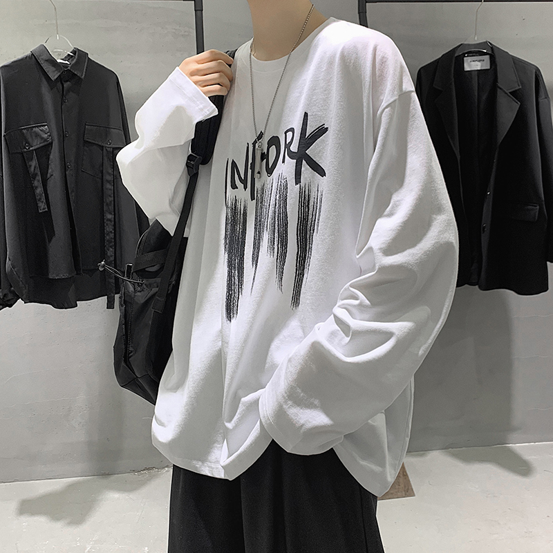 【Plus Size】M-2XL Korean Style Mens Fashion Sweatshirt Graffiti Letter Print Hooded Long Sleeve Autumn Hoodies Sweatshirts O Neck Pullovers Street Wear Top