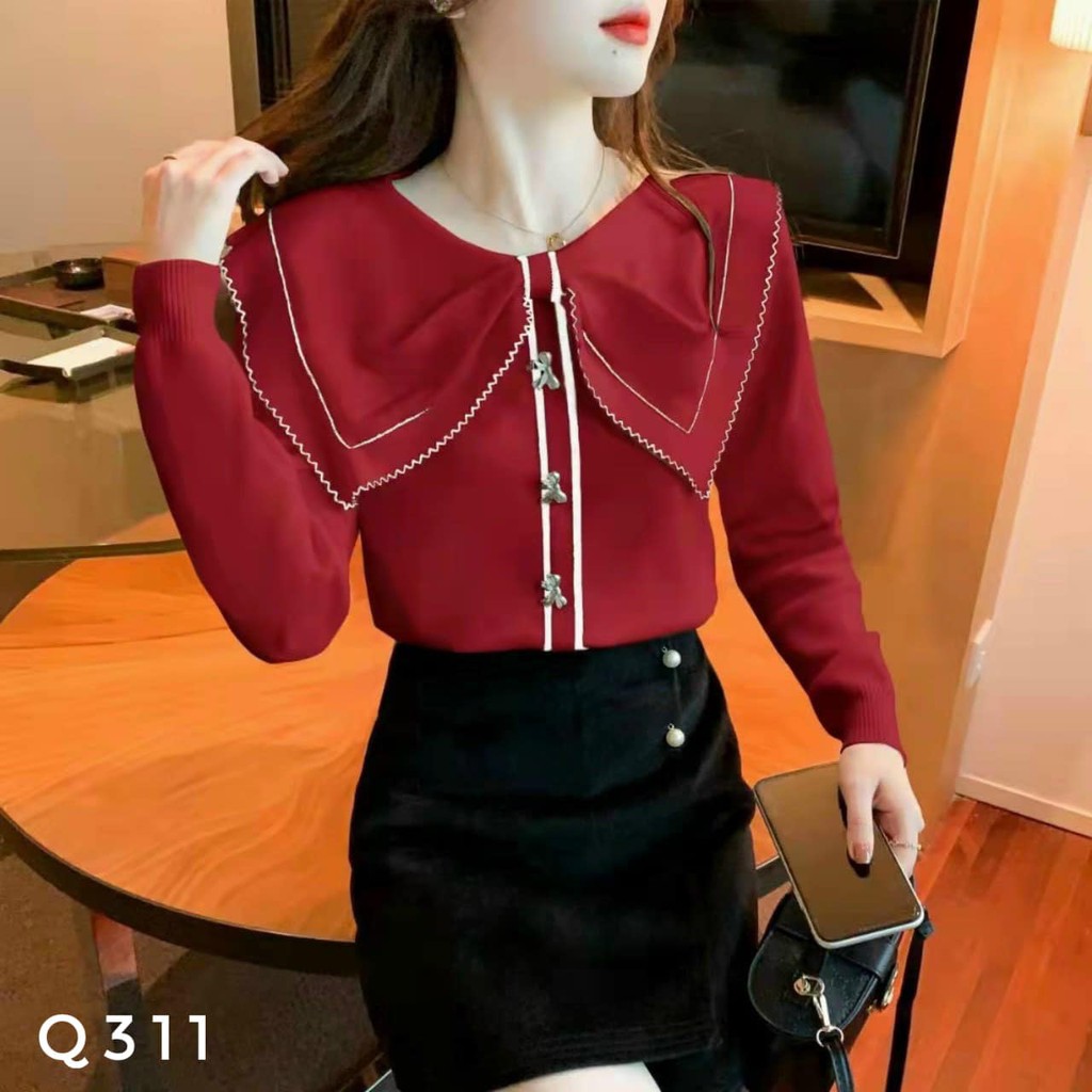 Áo len cổ nơ đá