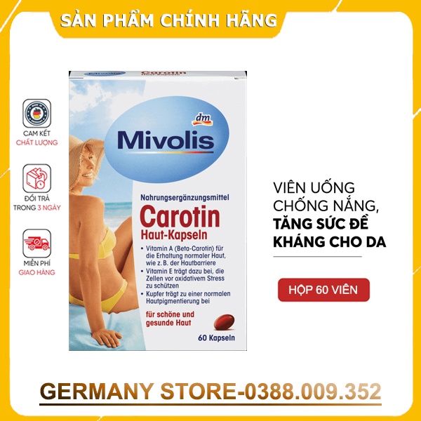 Viên Uống Chống Nắng Mivolis Carotin Hộp 60 Viên Hàng Đức