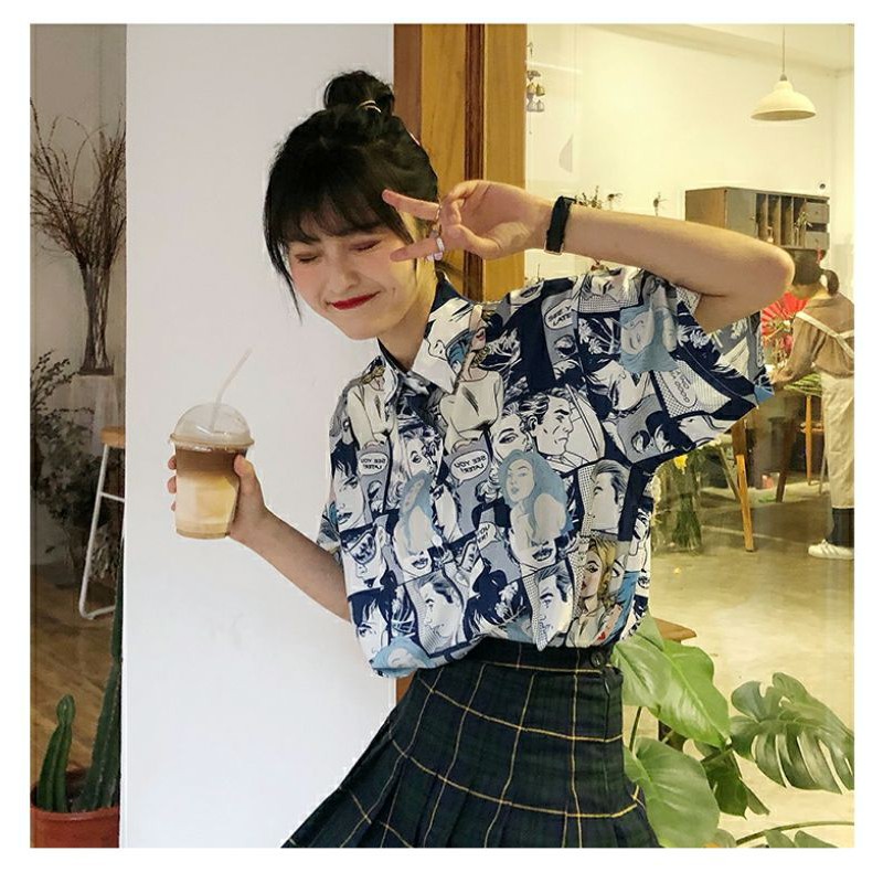 Áo sơ mi nữ ngắn tay in họa tiết hoạt hình form rộng phong cách hàn quốc