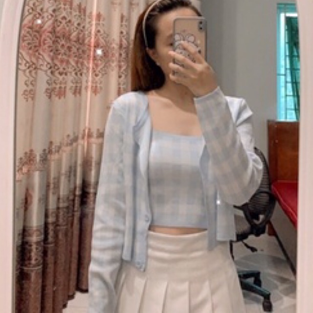 Set cardigan 2 món caro hồng trắng dài tay lady