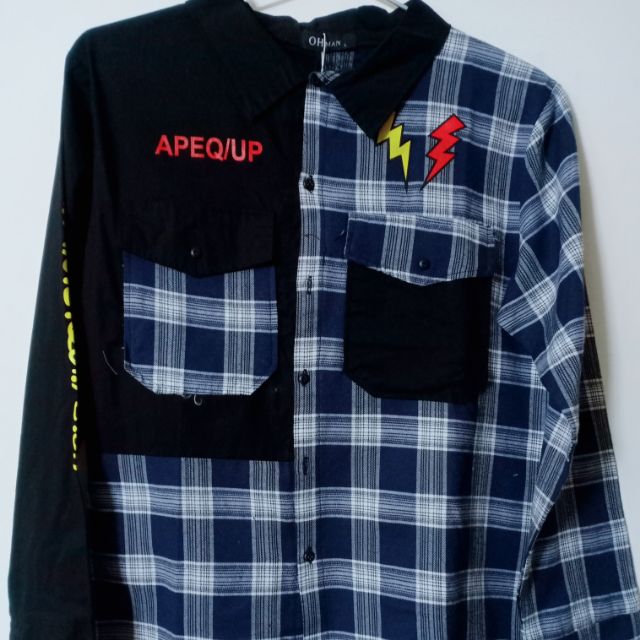 Áo Sơ Mi Nam Dài Tay Caro Cổ Bẻ Phối Thân Hai Màu In Hình Kiểu Dáng Trẻ Trung