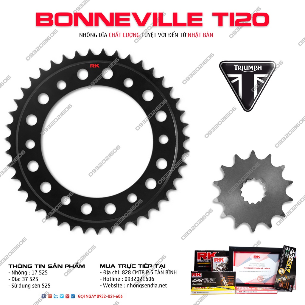 Combo nhông dĩa RK dành cho xe BONNEVILLE T120 thương hiệu Nhật Bản mã 525