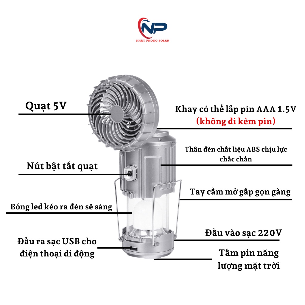 Đèn led Năng Lượng Mặt Trời Đa Năng 3 Trong 1 - VV288, tích hợp quạt mini, đèn led siêu sáng, sạc điện thoại tiện lợi