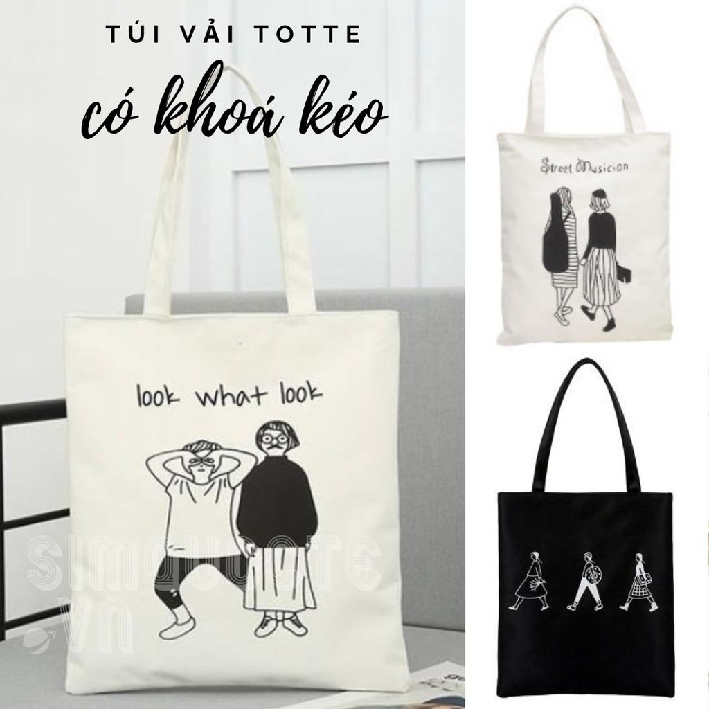 Túi Tote Vải canvas có khóa kéo phong cách tổi giản