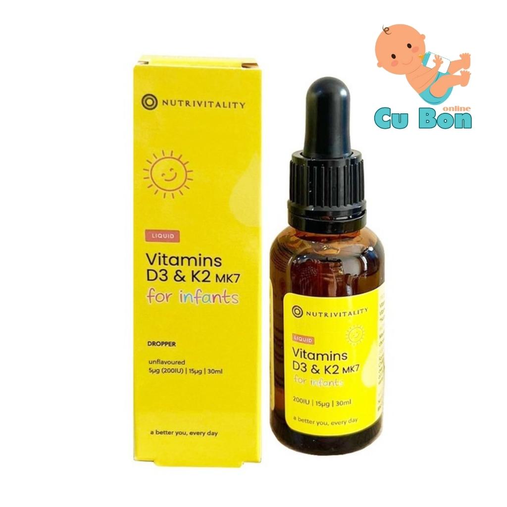 Vitamin D3 cho bé từ sơ sinh D3 &amp; K2 MK7 Nutrivitality 30ml của Anh Quốc hỗ trợ hấp thụ canxi phát triển chiều cao