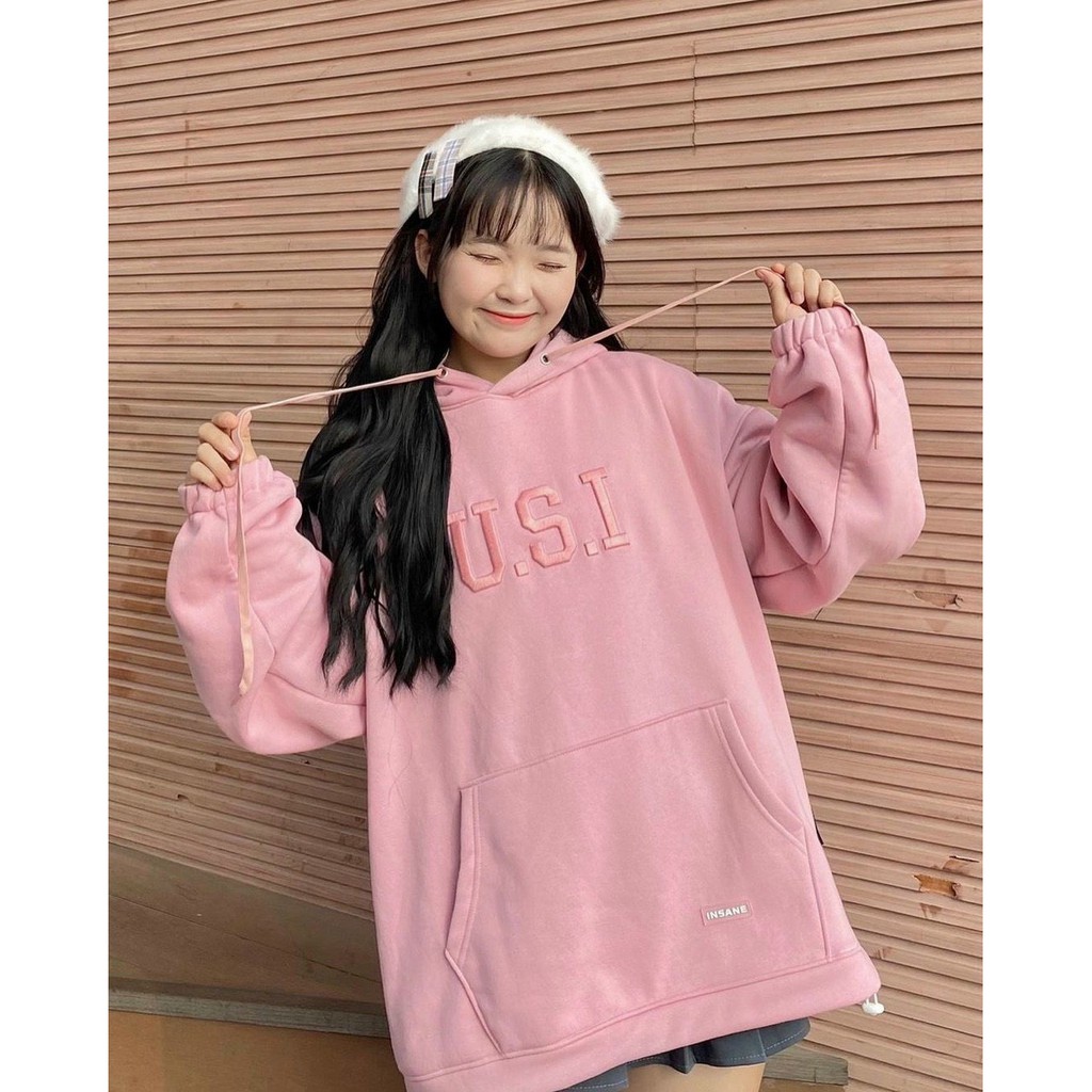 Áo hoodie thêu chữ usi form rộng Unisex phong cách Hàn Quốc, tay to màu Hồng