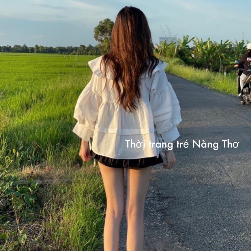 Áo babydoll cổ bèo tầng xếp tay vải đũi hàn dễ thương