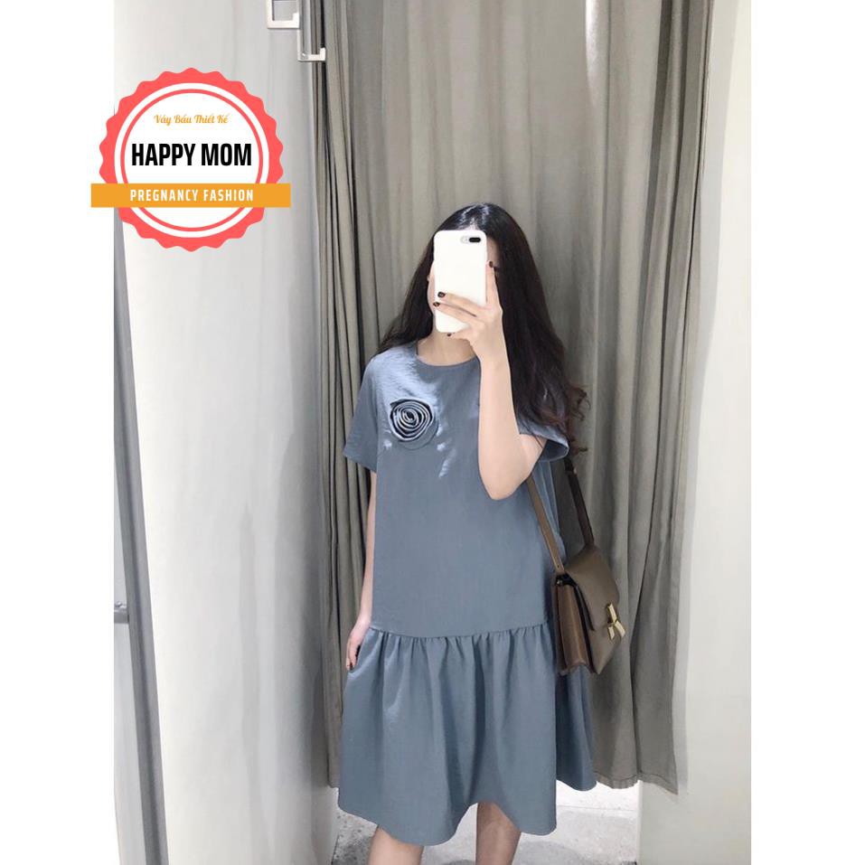 Váy bầu xanh hoa ngực đuôi cá không cổ- Đầm thiết kế riêng cho Mẹ MB144