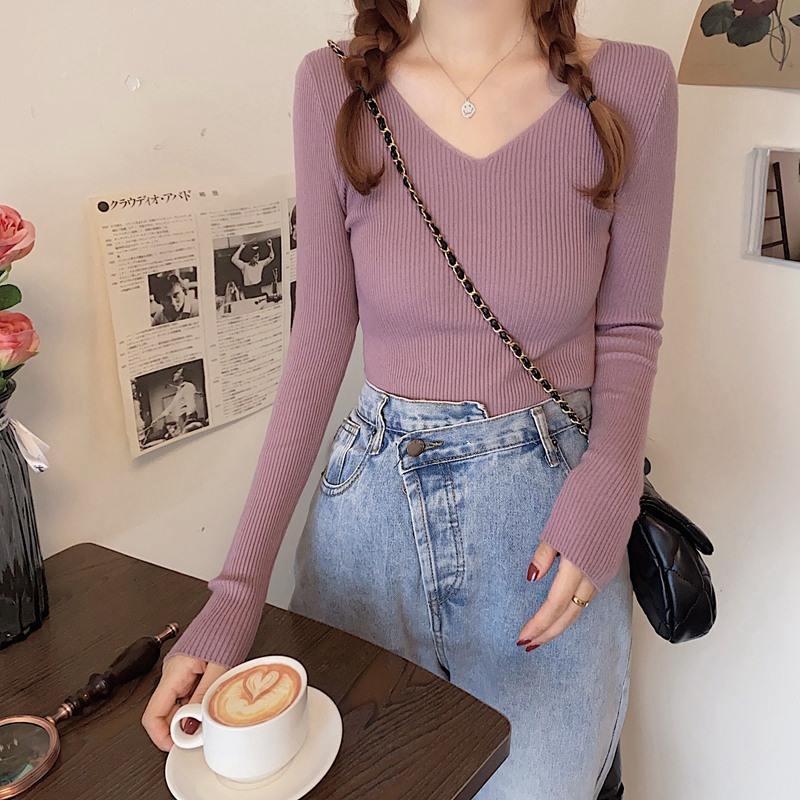 Áo Sweater Dệt Kim Tay Dài Cổ Chữ V Dáng Ôm Thời Trang Thu Đông Mới 2020 Cho Nữ