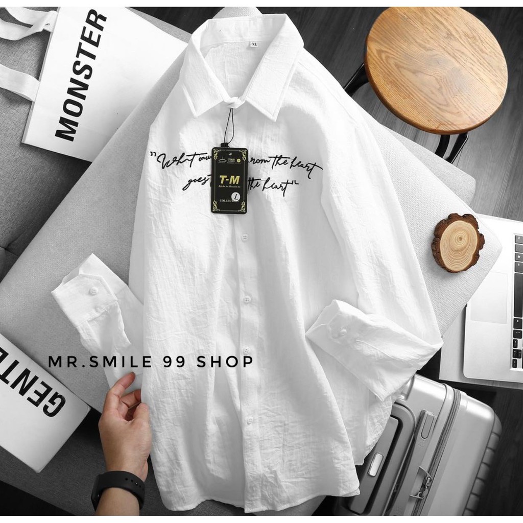 ÁO SƠ MI BASIC ĐŨI THÊU CHỮ TAY DÀI UNISEX MR SMILE 99 SHOP | BigBuy360 - bigbuy360.vn