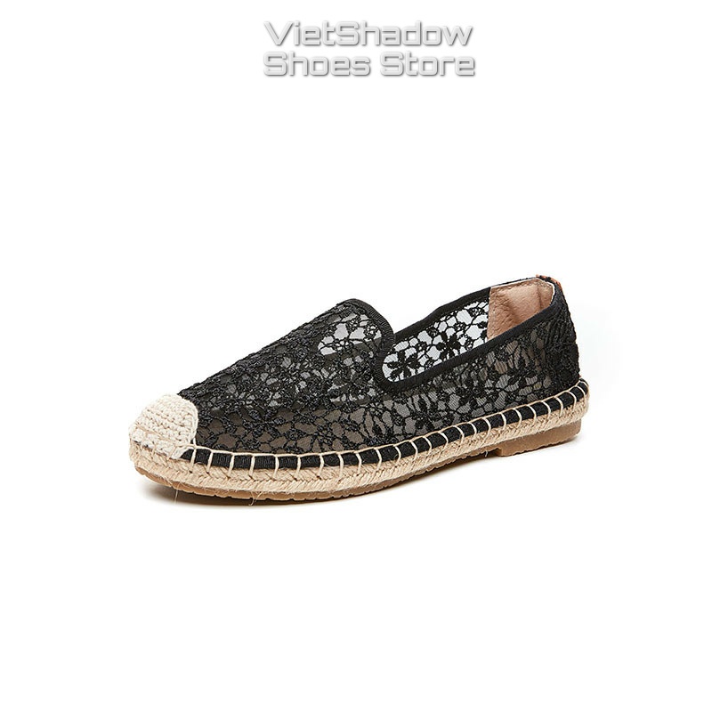 Slip on nữ - Giày lười vải lưới nữ đế cói - Chất liệu đế gai bện, vải ren lưới 2 màu đen và trắng - Mã A53 BNJ