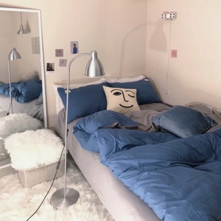 Bộ chăn ga gối cotton đũi: mix xanh đậm ghi