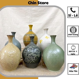 Bình hoa decor , cắm hoa men vỏ táo, rễ cây, dáng trụ tròn bát tràng khắc hoa tinh xảo, vuốt tay cao cấp h24 cm