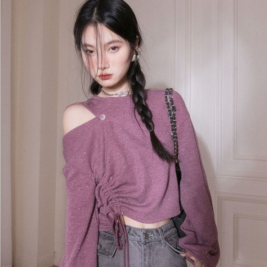 Áo Dệt Kim Trễ Vai Cổ Tròn Thời Trang Hàn Quốc Cho Nữ