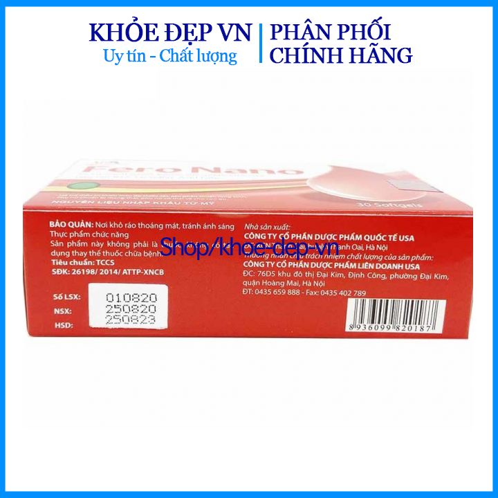 Viên uống bổ máu Fero Nano bổ sung Sắt cho người gầy yếu , người thiếu máu , phụ nữ mang thai , Acid Folic - Hộp 30 viên